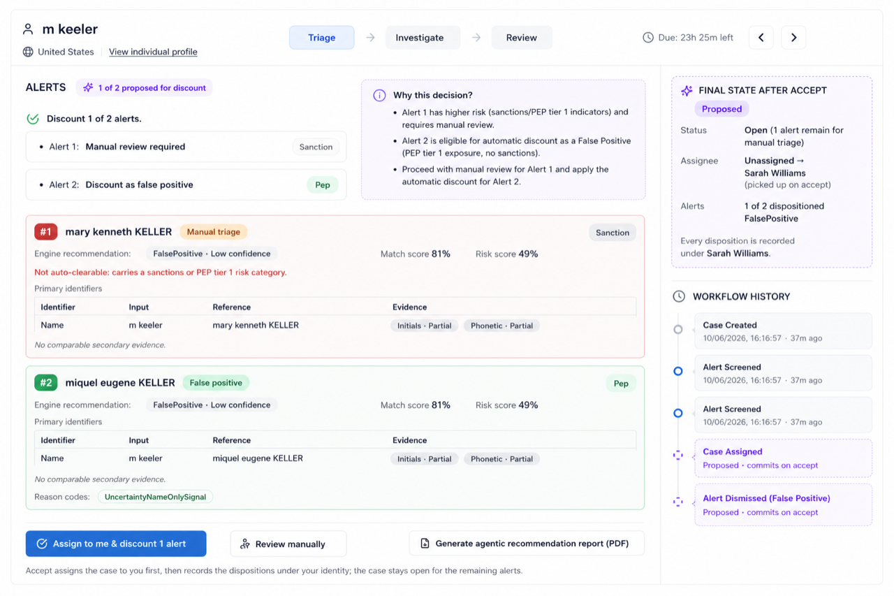 Arc Comply agentic case management — proposed dispositions, a plain-English rationale for each decision and a committed audit trail for analyst review