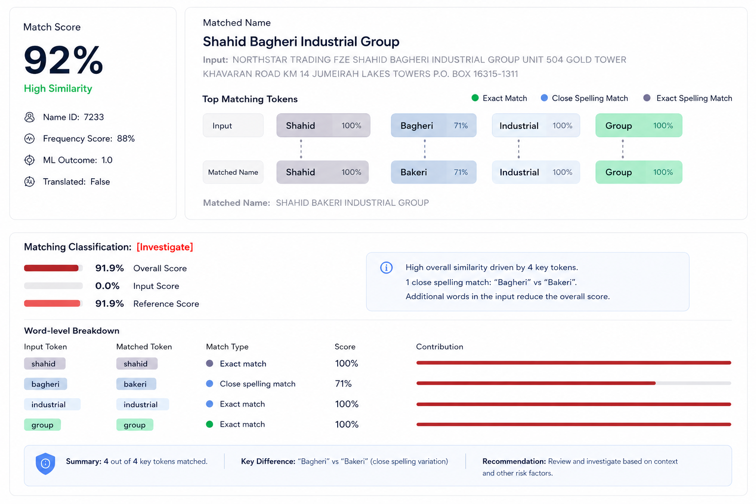 Arc Comply case workbench — per-alert match and risk scores, word-level match evidence and a full workflow audit trail