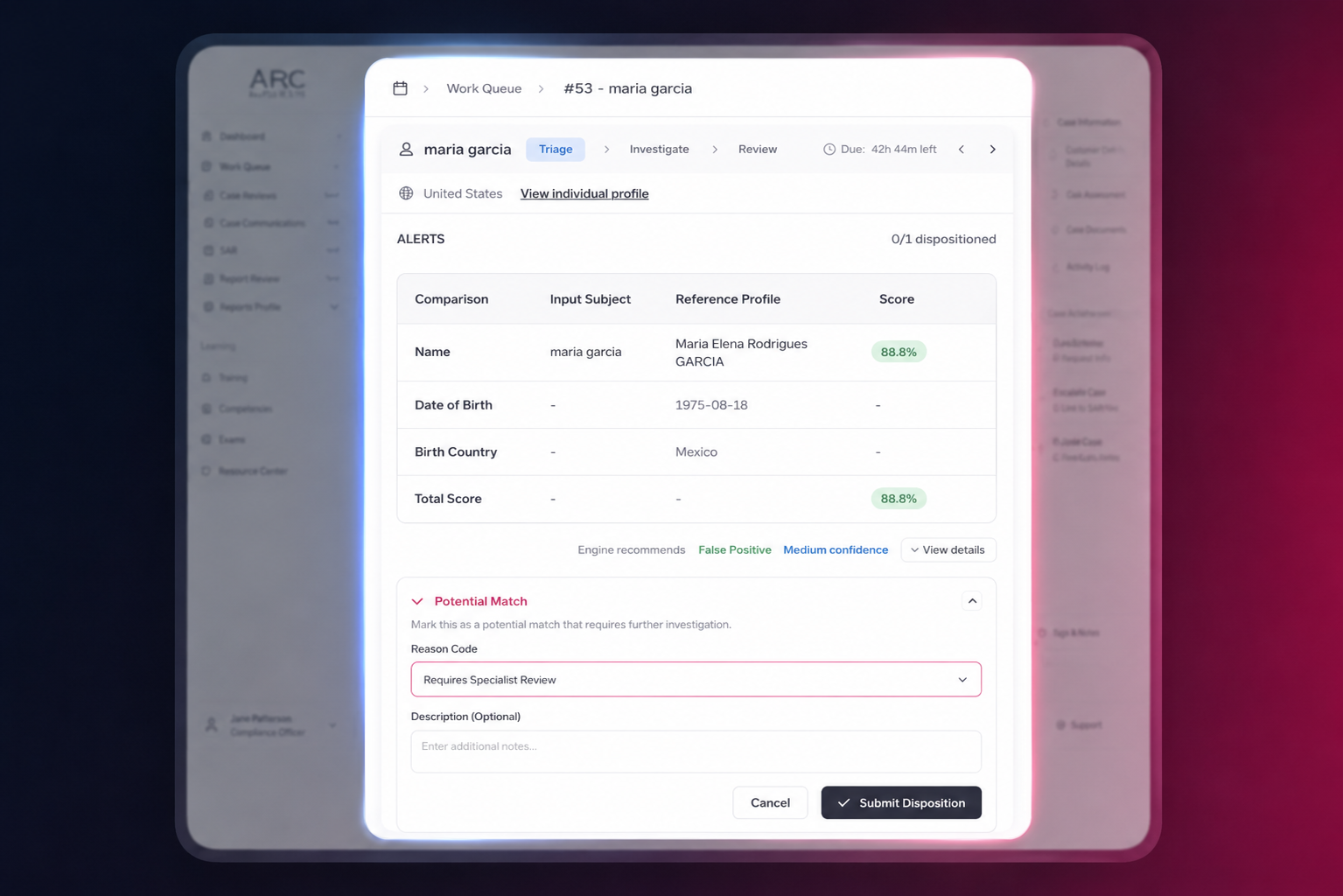 Arc Comply client screening — an alert review comparing an input subject against a reference profile, with match scores and a disposition form (illustrative, synthetic data)